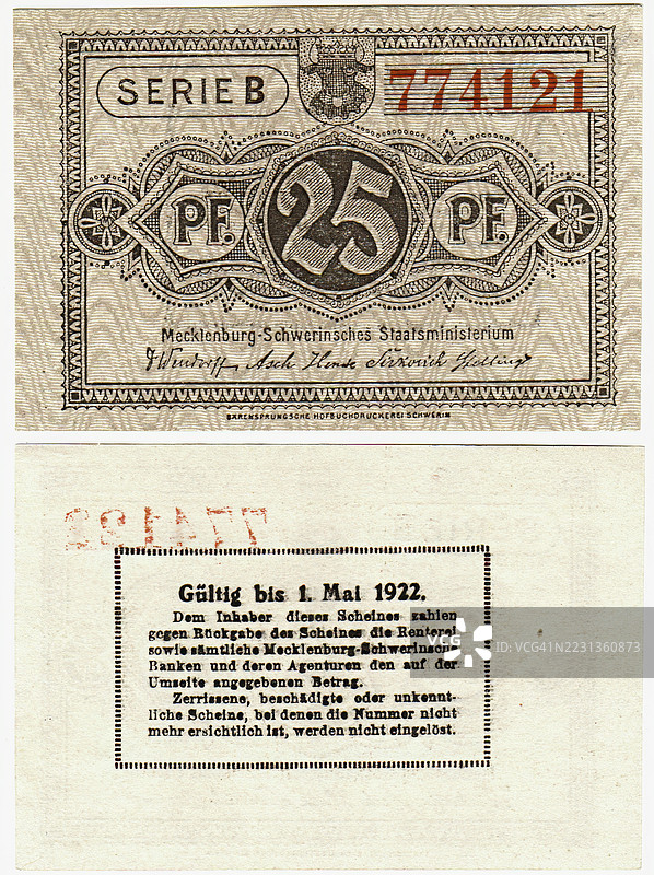 纸币，应急货币，战争应急货币，25芬尼，梅克伦堡-什未林，1922年，德国，历史纸币复制品图片素材