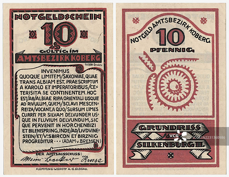 科贝格地区的紧急货币，10芬尼，历史银行券的复制品图片素材