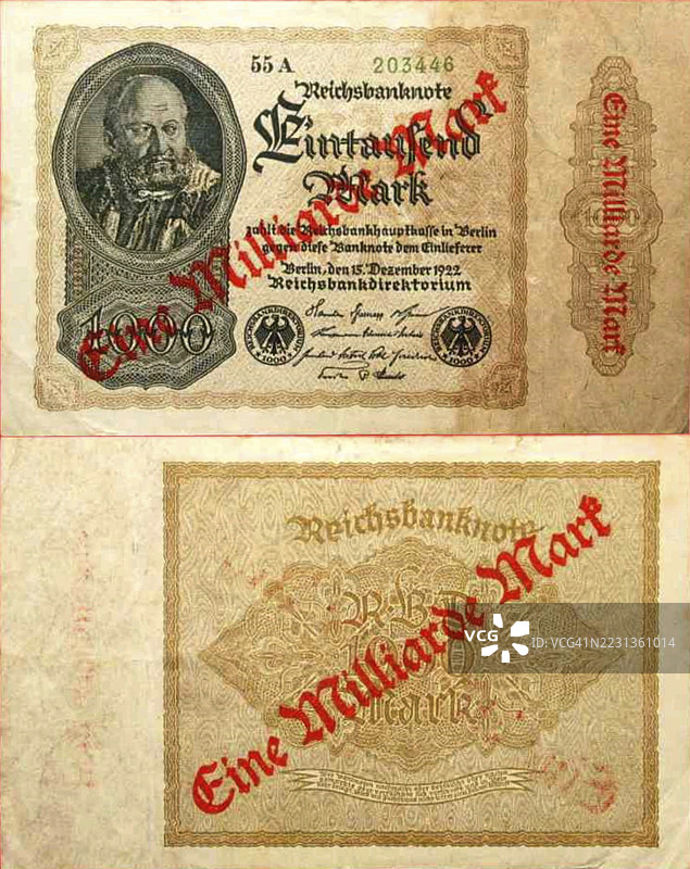 德国1922年1千马克的帝国银行票据，印刷有10亿马克，通货膨胀，历史银行票据的复制品图片素材