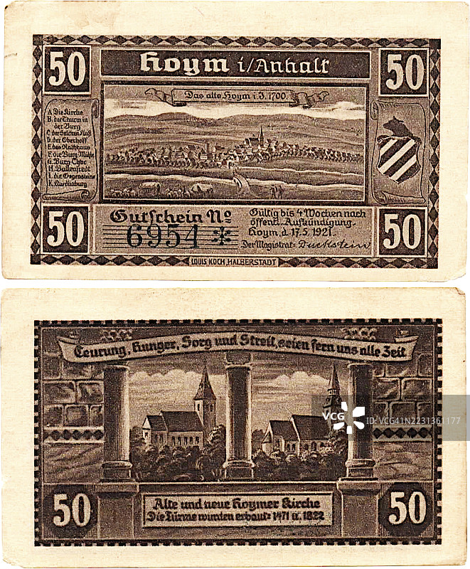 钞票，应急货币，战争应急货币，50芬尼，安哈尔特霍伊姆镇，1921年，德国，历史钞票复制品图片素材