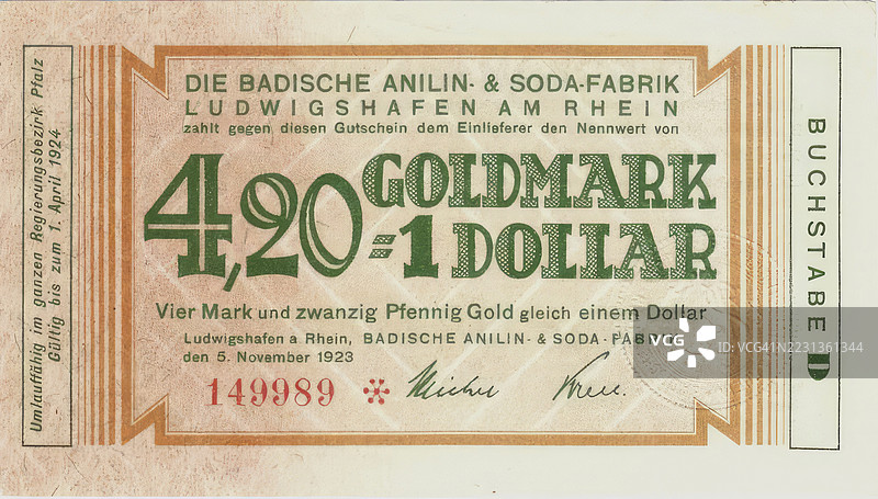4, 20 金马克等于一美元，银行票据，巴斯夫路德维希港的应急货币，1923年，德国，历史银行票据的复制品图片素材
