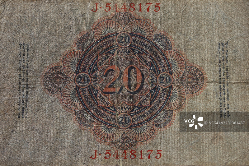 纸币，20马克，1914年，德国柏林，历史纸币的复制品图片素材