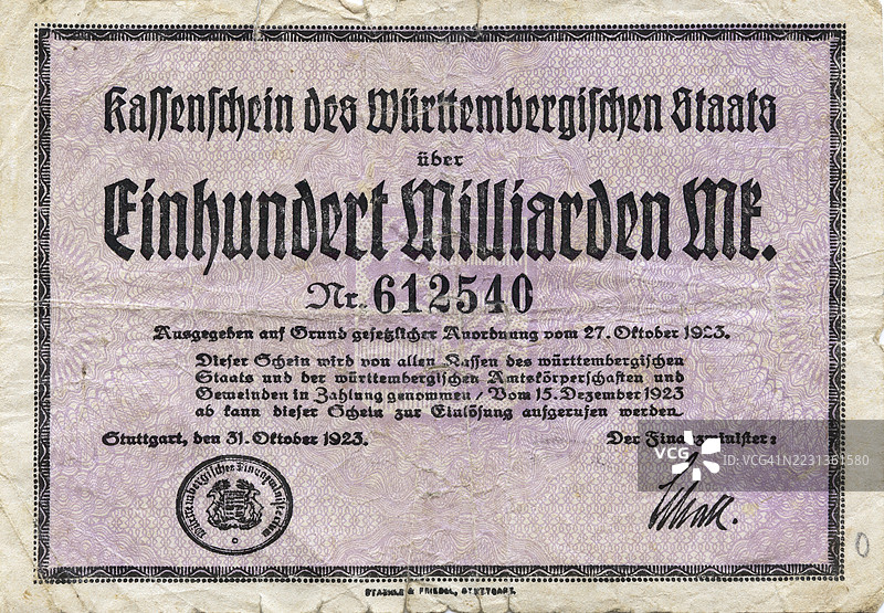 银行票据，通货膨胀，1000亿马克，符腾堡州现金票据，1923年，德国，历史银行票据的复制品图片素材