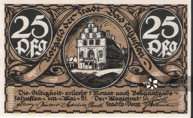 银行票据，紧急货币，25芬尼，巴德萨尔茨弗伦市，1921年，德国，历史银行票据的复制品图片素材