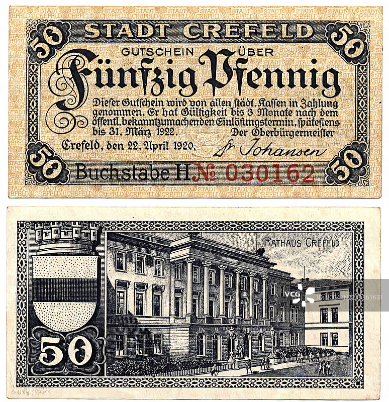 纸币，纸币，紧急货币，50芬尼，克雷费尔德市，1920年，德国，历史纸币的复制品图片素材
