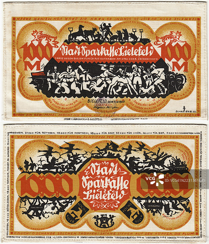 钞票，紧急资金，1000马克，1922年，比勒费尔德，凭证，德国，历史钞票的复制品图片素材