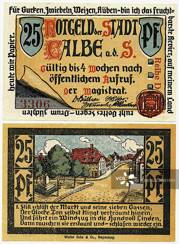 钞票，紧急货币，25芬尼，卡尔贝镇，1921年，德国，历史钞票的复制品图片素材