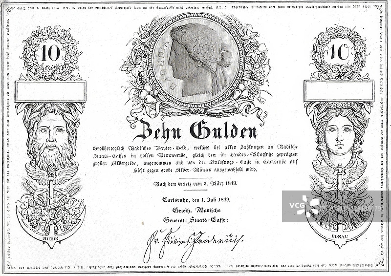 纸币，十古尔登，巴登大公国纸币，1949年，德国卡尔斯鲁厄，历史纸币的复制品图片素材
