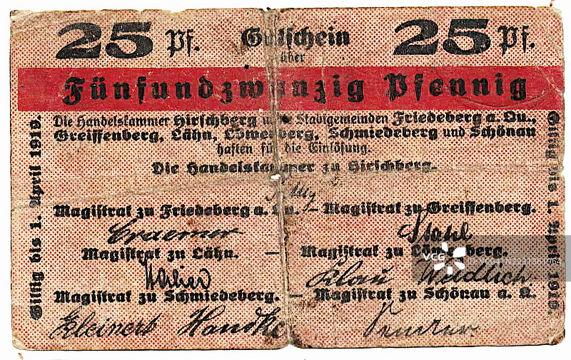 纸币、应急货币、战争应急货币、25芬尼、弗里德贝格、1919年、德国、历史纸币复制品图片素材
