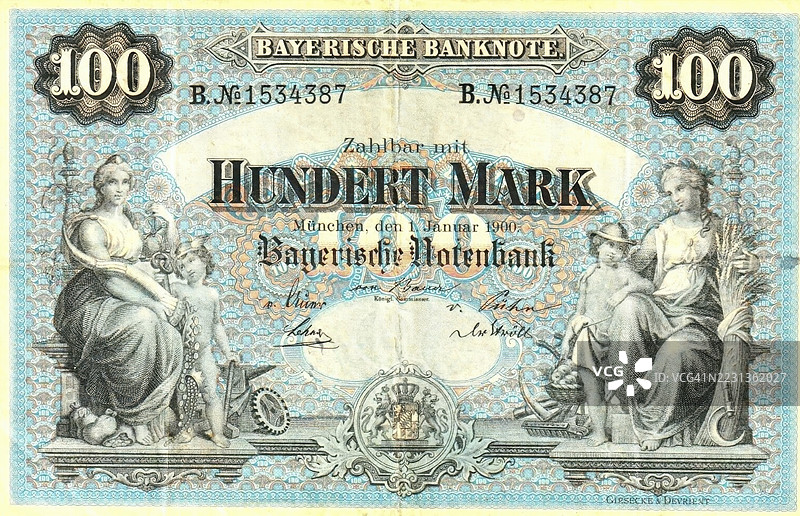 银行票据，巴伐利亚银行票据1900年，100马克，巴伐利亚中央银行，巴伐利亚，德国，历史银行票据的复制品图片素材