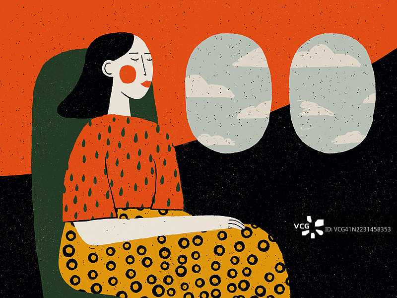 在飞机窗边坐着的风格化女性。插图中的女性闭着眼睛，坐在飞机上，通过椭圆形窗户凝视着云朵，散发出宁静的旅行氛围。图片素材