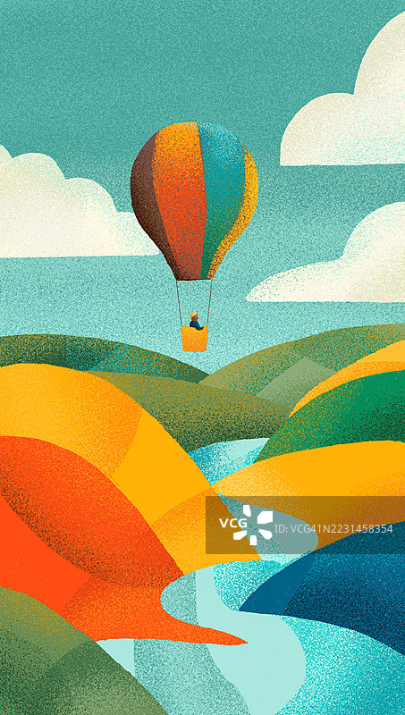 五彩缤纷的热气球飞越生机勃勃的起伏山丘。奇幻的插图描绘了一只热气球漂浮在色彩斑斓的山丘上方，蜿蜒的河流在蓝天和柔和的云朵下流淌。图片素材