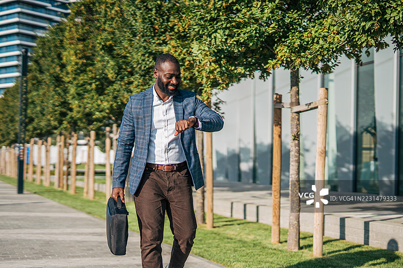 商人在城市环境中走动并查看手表上的时间图片素材