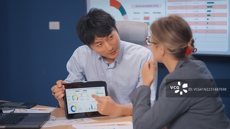 日本市场经理在商务会议中分析屏幕上的绩效指标。图片素材