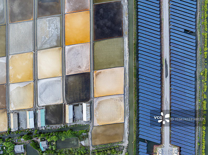 鸟瞰图，电力厂，太阳能光伏板，在盐田上生产清洁电能。减少全球变暖、清洁能源、可再生能源的概念。图片素材