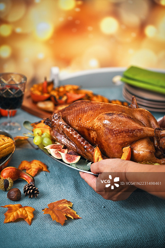 感恩节的填充火鸡，配有南瓜、水果、派和其他配料图片素材