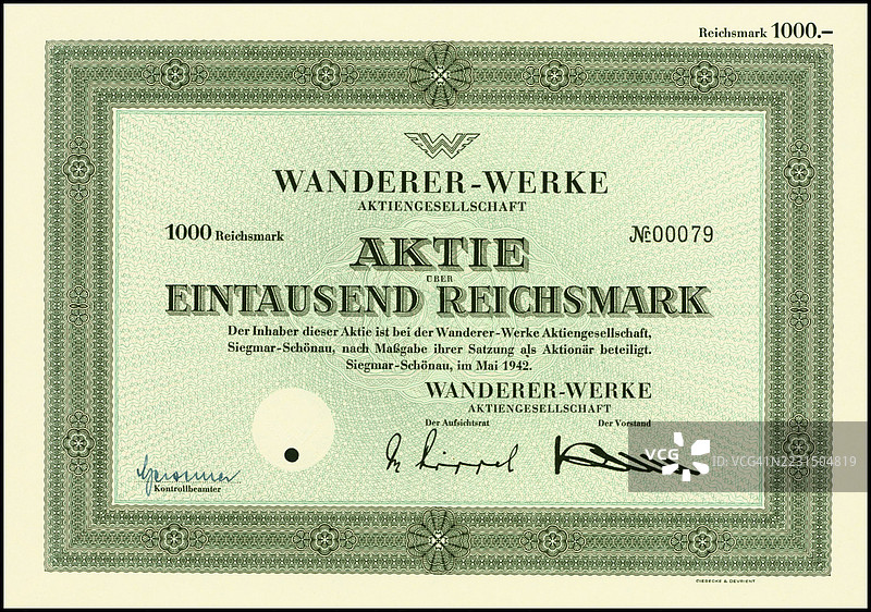价值1000帝国马克的Hiker-Werke公司股票，位于德国萨克森州的开门茨，约1922年，数字增强复刻自1900年左右的历史原件，公有领域图片素材
