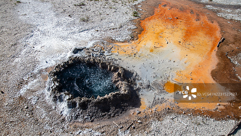 黄石国家公园的地热温泉与五彩斑斓的矿物沉积物，美国图片素材
