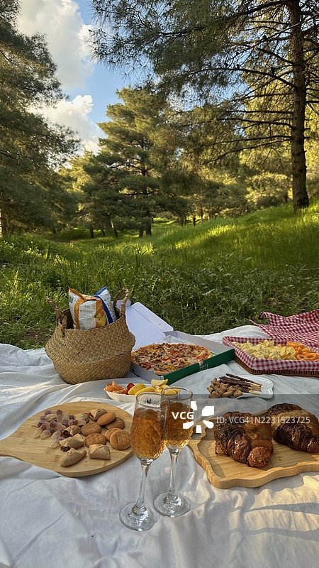 森林环境中的野餐美食和饮品摆放图片素材