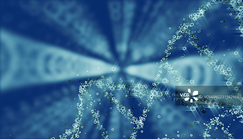 抽象的蓝色背景上漂浮着气泡，形成DNA链条图片素材