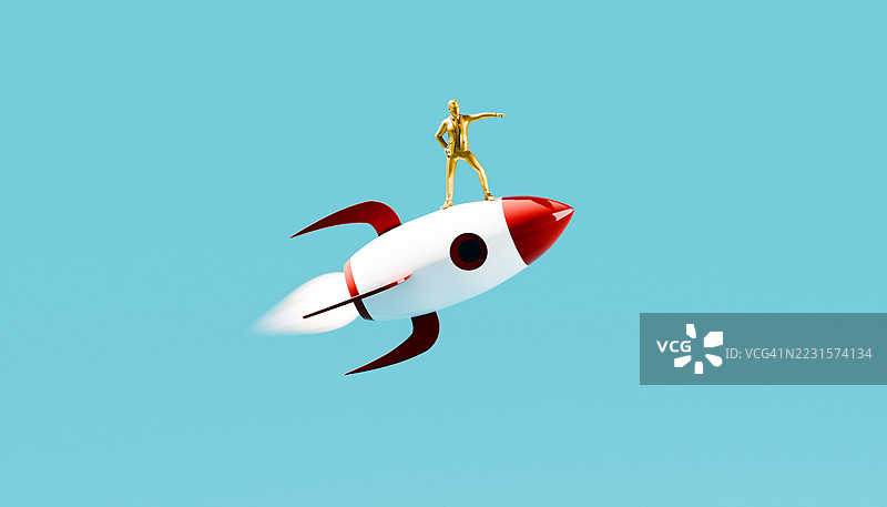 运动中的视野 – 金属黄色的领袖在玩具火箭上图片素材