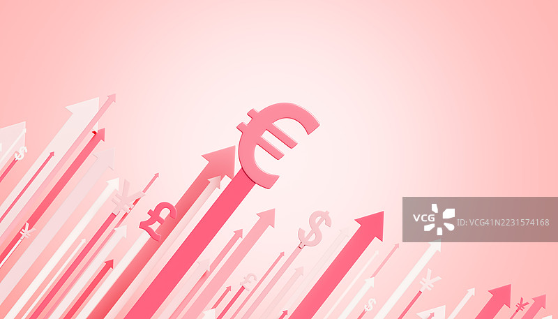 欧洲引领全球市场动向 - 红色和粉色调的上升箭头与货币符号图片素材
