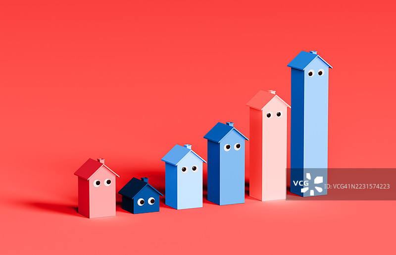 带有大眼睛的趣味住房增长图，展示房地产趋势和市场增长图片素材