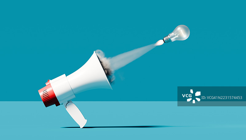 创意放大 – 从扩音器中冒出的灯泡火箭图片素材