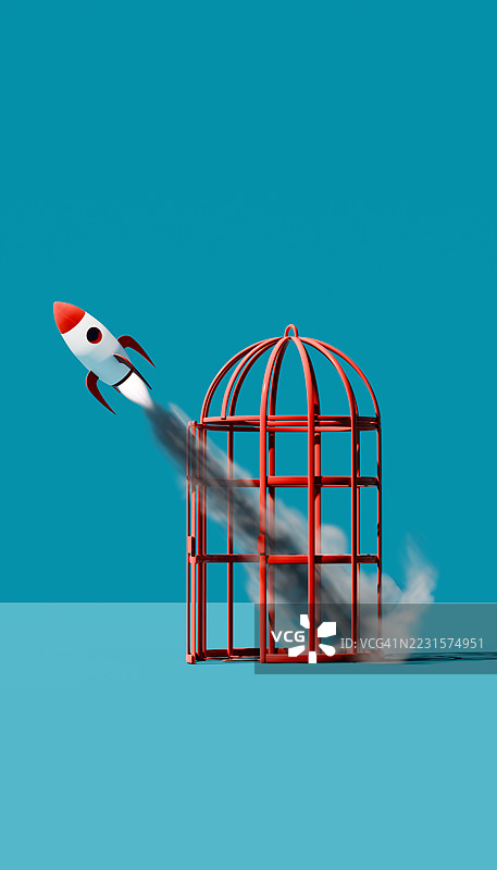 突破束缚 - 玩具火箭逃离开放的笼子，带着强大的尾气轨迹图片素材