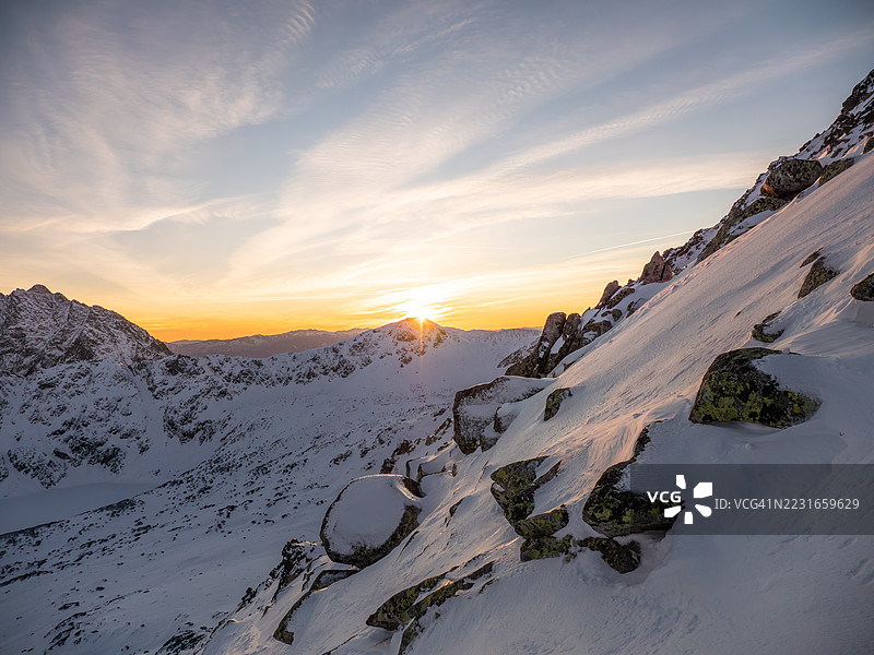 夕阳在山峰后落下的景色。图片素材