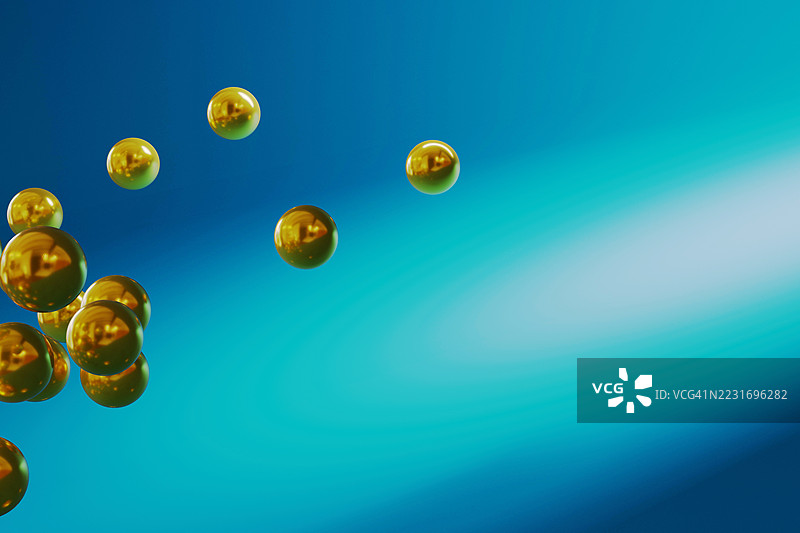 多个金色球体在平滑的渐变蓝色背景上图片素材