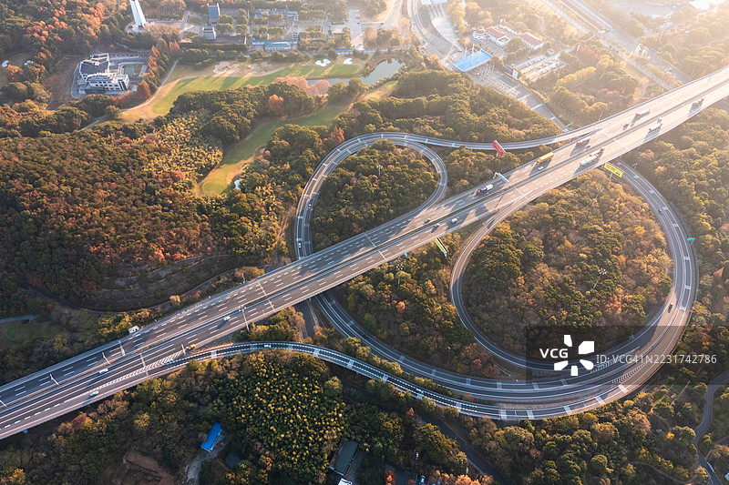绿地中互联高速公路的鸟瞰图图片素材