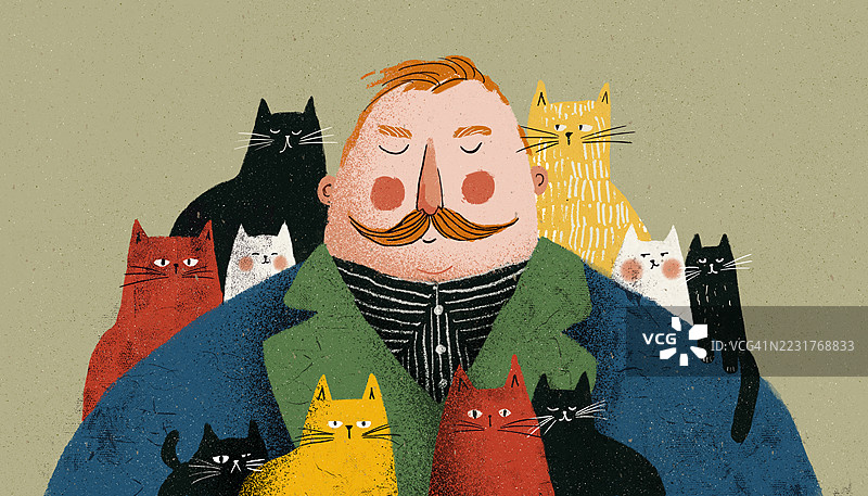 色彩缤纷的猫咪围绕着一个奇幻的男人插图。插图描绘了一位留着胡子的男人与一群不同颜色的猫咪，传达出温暖、幽默和陪伴的感觉。图片素材