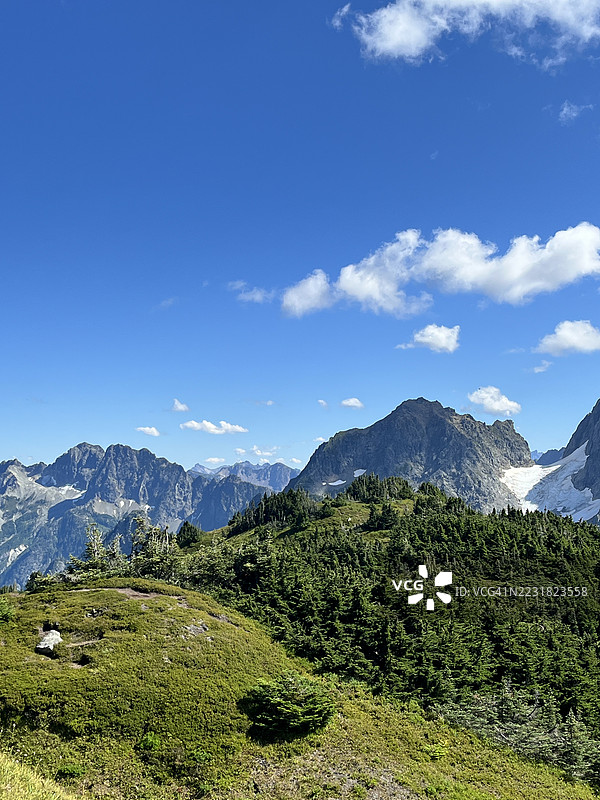 在夏季下午的阳光下，从萨哈勒臂顶俯瞰北喀斯喀特山脉的壮丽景色图片素材