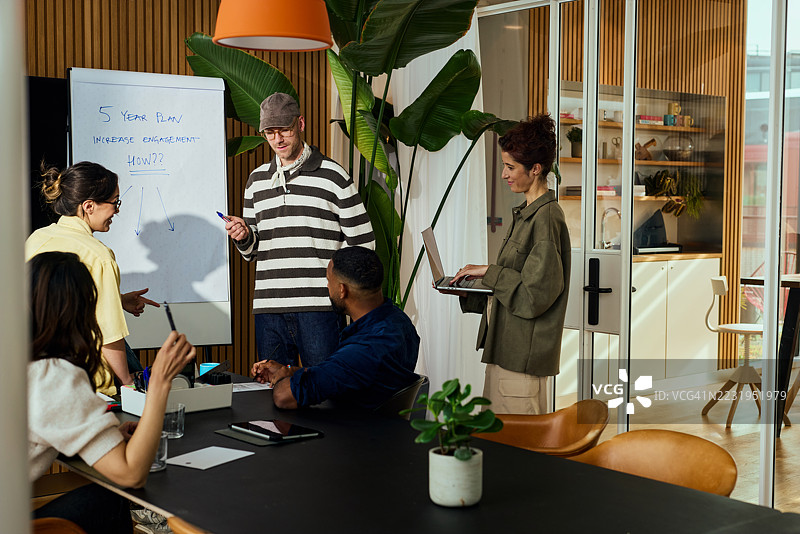 多元化团队讨论现代办公室提升参与度的五年计划图片素材