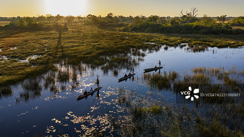 在博茨瓦纳的奥卡万戈三角洲，游客们在日落时分享受摩科罗独木舟的水上探险。图片素材