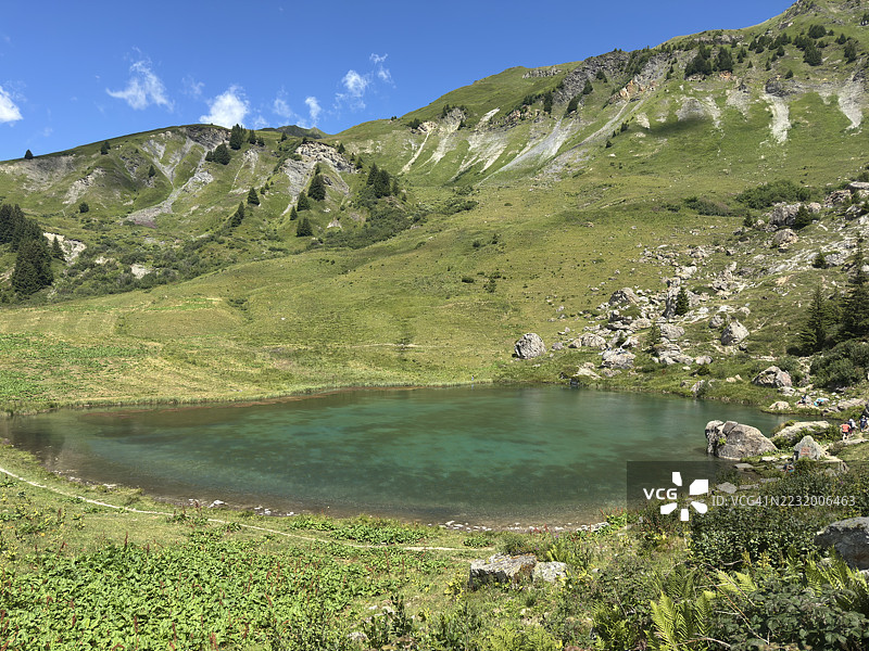 宁静的阿尔卑斯湖泊被郁郁葱葱的绿色山脉环绕，法国博福特图片素材