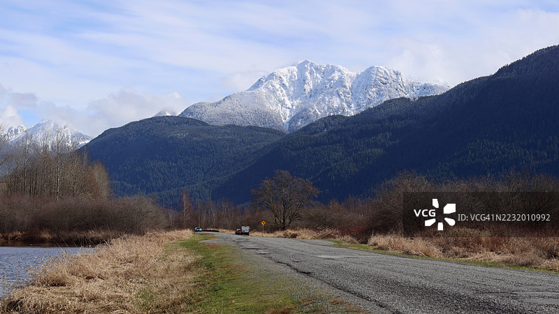 冬季的雪山和路边景观，加拿大皮特梅多斯图片素材
