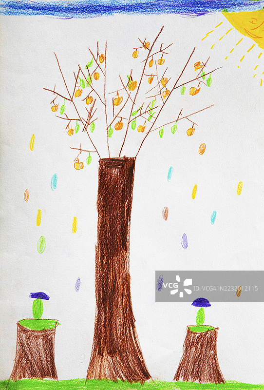 稚拙插画，儿童画，苹果树图片素材