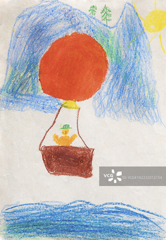 稚拙的插画，儿童画，热气球飘浮在湖泊与山峦之上图片素材