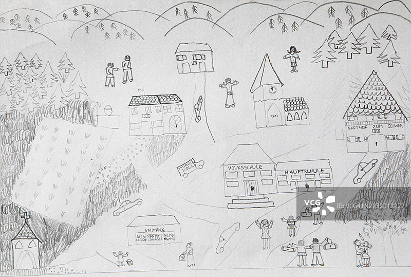 天真的插图，儿童画，展示了有房屋和学校的城镇景观图片素材