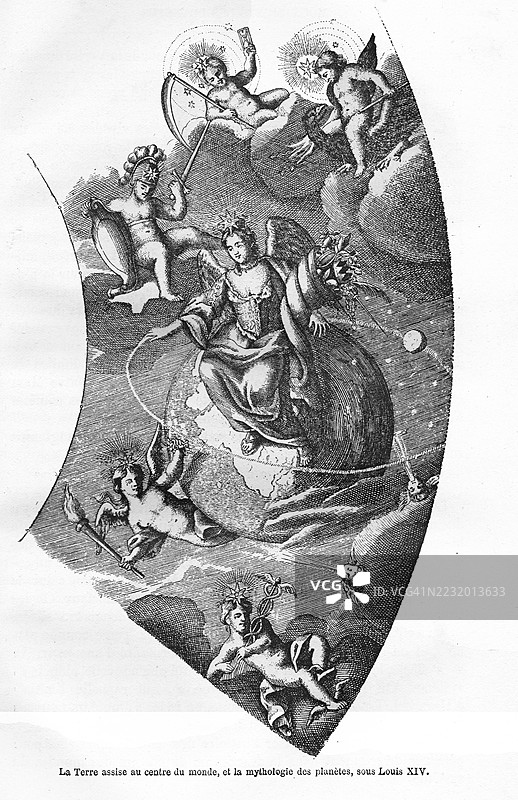 地球位于世界中心，及路易十四时期的行星神话。图片素材