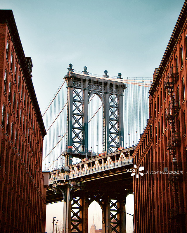 曼哈顿大桥被红砖建筑框住，背景是晴朗的天空，纽约，美国图片素材