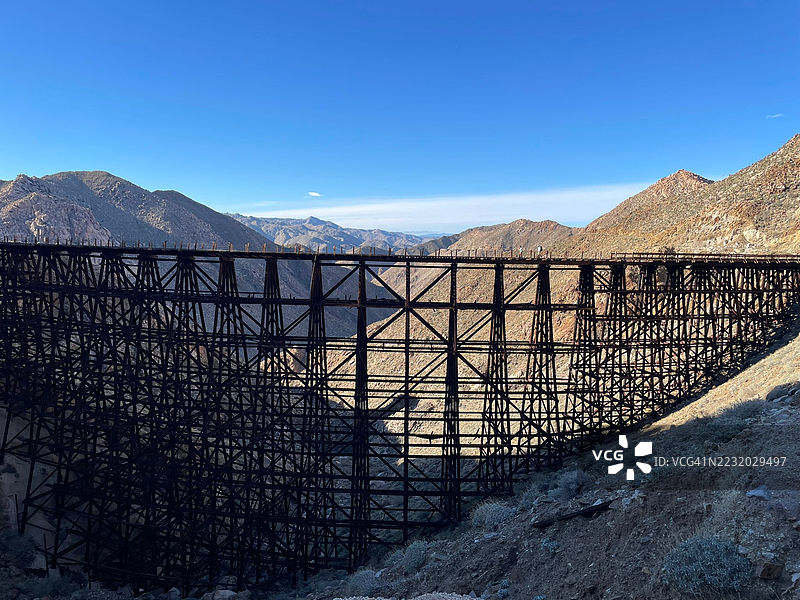 雄伟的山脉风景与历史悠久的木制高架桥，美国图片素材