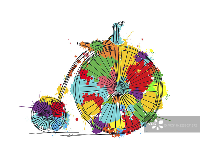 古董高轮自行车素描，矢量插图图片素材