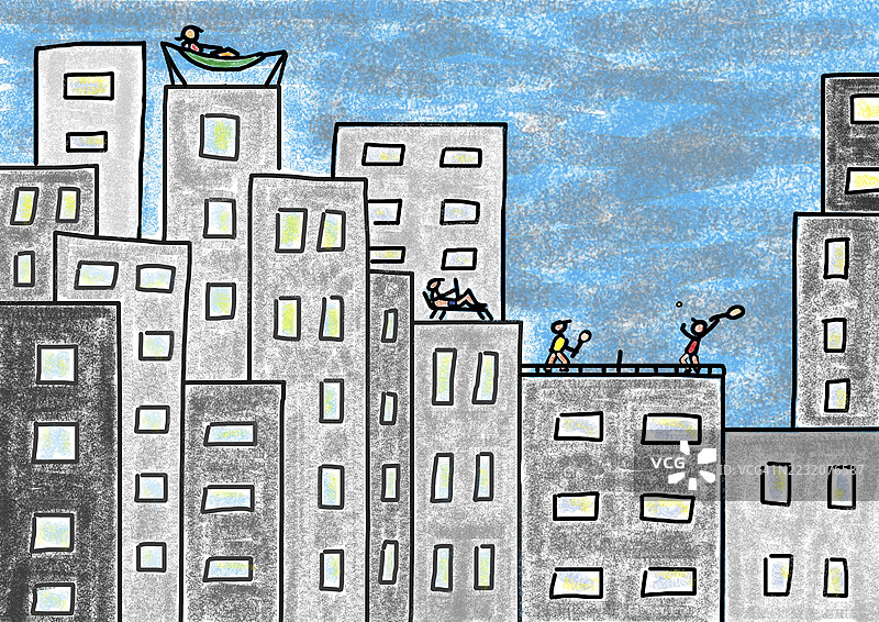 初级的插画，一个孩子在画画，一个网球运动员在市中心摩天大楼的屋顶上图片素材