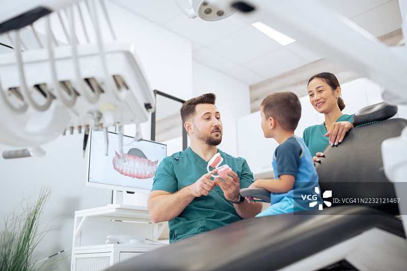 牙医和他的助手正在教一个亚洲小男孩如何刷牙。图片素材