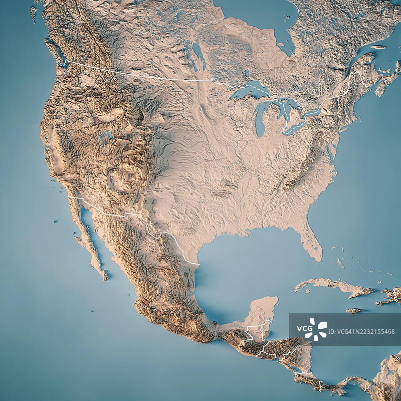 美国和墨西哥的三维地形图，中立边界图片素材