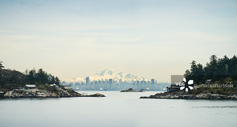 温哥华城市天际线横跨海洋，背景是白雪皑皑的山脉图片素材