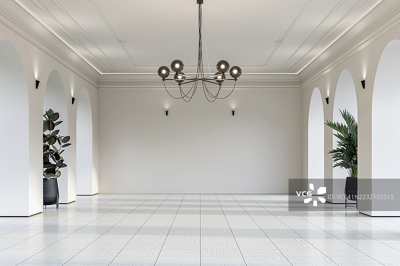现代空旷的室内，优雅的拱形开口，装饰性的天花板线条，吊灯和白色陶瓷地板上的装饰性盆栽植物。图片素材